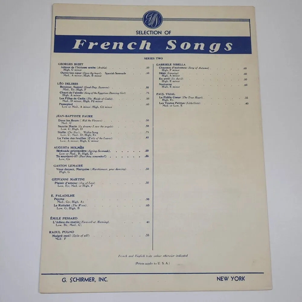 Selection of French Songs, Ange Flegier 'Le Cor' Low D, G. Schirmer #SM2 - Picture 2 of 2